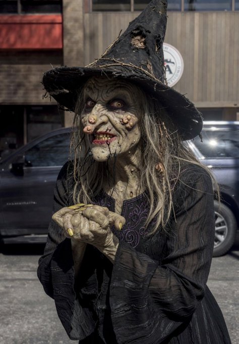 This image depicts a creepy woman dressed as a witch, complete with an evil or scary appearance that might be considered unsettling for some viewers. The woman's outfit includes a large hat and a black dress, adding to her eerie demeanor. In the background, there is a car parked on the street, which contrasts with the witch-like appearance of the subject. The post about what we all saw immediately emphasizes this woman as the main focus in the image, highlighting her creepy look and the context she's set against when looking at the photo.