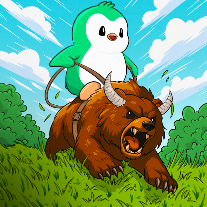 The image features a cartoon bear sitting on top of a green penguin that has its wings tied together by a rope. The bear appears to be angry, possibly due to being held captive or having been tagged for tagging purposes. The scene takes place in an open field with trees and bushes in the background.