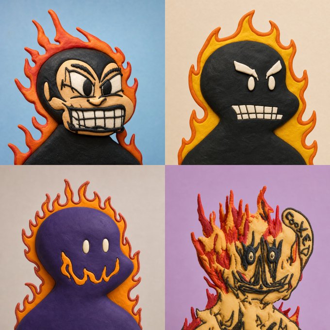 Four panels display artistic variations of a stylized figure engulfed in flames, including versions with a grinning face, a black shadowy form, a purple ghost-like shape, and a textured yellow creature.