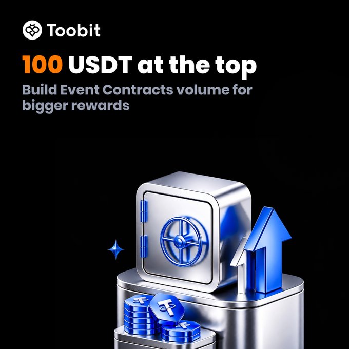 A black promotional graphic for Toobit reads “100 USDT at the top” and “Build Event Contracts volume for bigger rewards,” above a metallic safe, blue arrow, and token stacks.