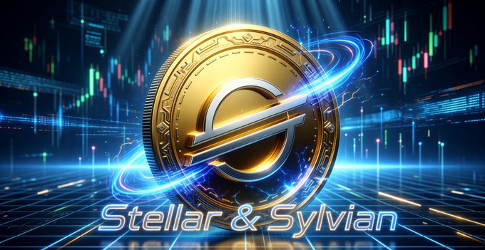 A golden Stellar (XLM) coin glows with blue energy against a backdrop of trading charts, accompanied by the text "Stellar & Sylvian," visually emphasizing the post's theme of Stellar as the upgraded successor to Ripple.