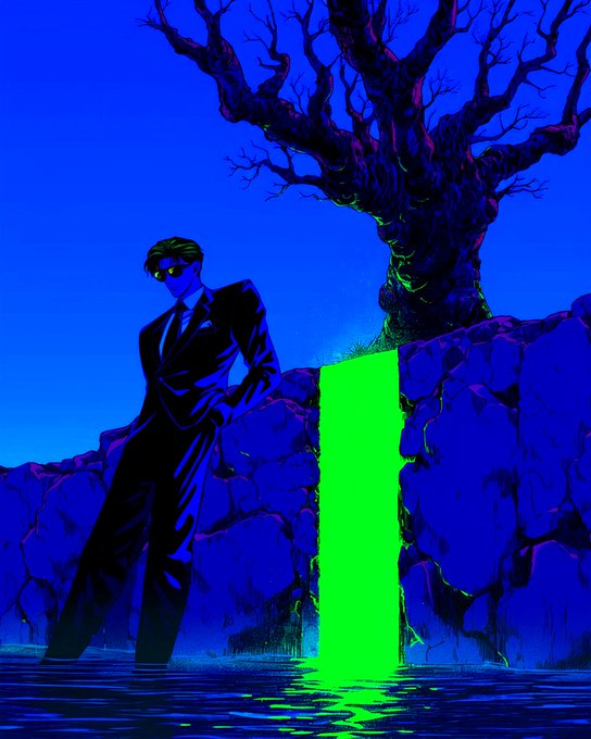 The image features an illustration of a man dressed in a suit standing next to a tree with a green glowing tunnel or pipe coming out of it. The man appears to be leaning against the wall, possibly posing for the picture. The background of the image is blue and purple, which adds to the artistic and creative atmosphere of the scene. The post seems to be promoting an art-related event or activity on Friday, as indicated by the text "Who’s getting ITIA active? Make a friend down below Friday got motion in it. Stay active, stay seen, stay about the art." This suggests that there might be an art-related gathering or event happening on Friday and encourages people to participate and engage with the artwork displayed.