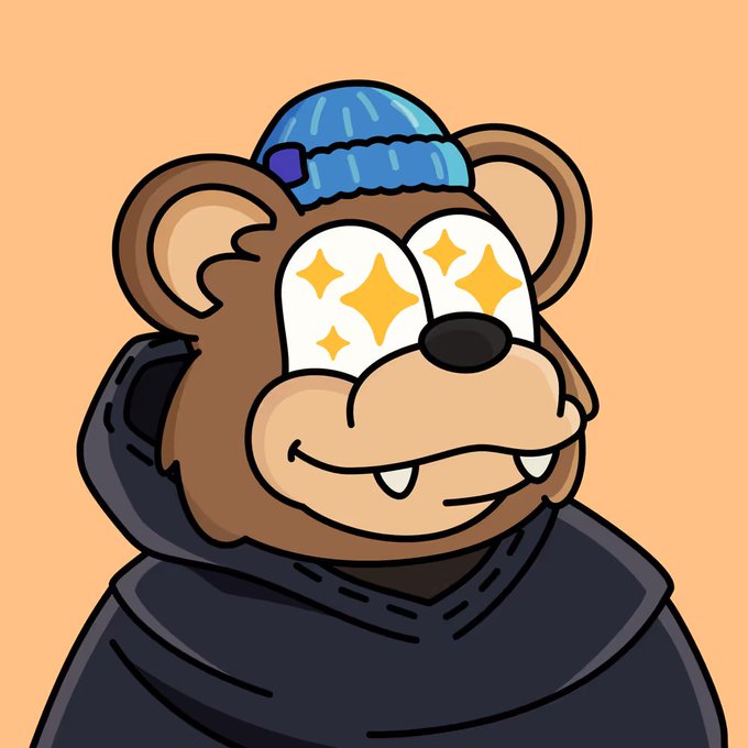 A cartoon bear character wearing a blue beanie and black hoodie has sparkling star-shaped eyes and a goofy smile showing its buck teeth.