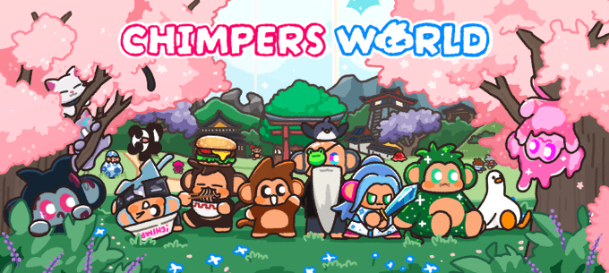 A colorful cartoon illustration titled 'CHIMPERS WORLD' featuring various animated characters including a hamburger-headed character, a monkey, a knight, a flower character, and others in a cherry blossom landscape.