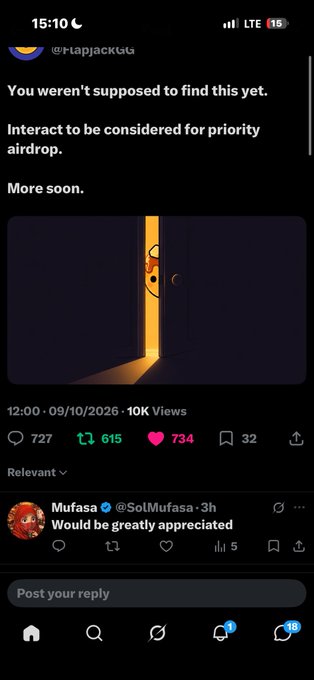 A mobile screenshot of an X (formerly Twitter) post by @iTapjackGG stating 'You weren't supposed to find this yet. Interact to be considered for priority airdrop. More soon.'