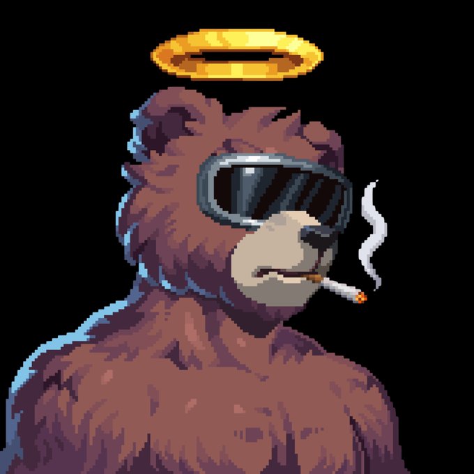 A pixel art illustration of a brown bear wearing dark aviator sunglasses, smoking a cigarette, and sporting a golden halo above its head, conveying a "cool" and elevated status that aligns with the post's mention of a prestigious, limited VIP tier (only 150) of genesis heirloom rewards for the NFT/RWA/Gaming project.