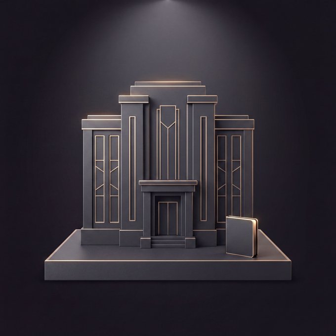 A dark, Art Deco–style bank building is displayed on a platform with a wallet-like card beside it. It symbolizes traditional cross-border banking, contrasting with companies’ growing use of crypto despite processing times of 3–5 business days and fees as high as 6.36%.