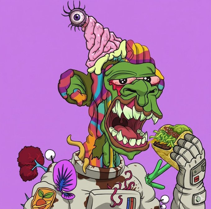A grotesque, cartoonish green zombie-like monster with multiple eyes, a wide toothy grin, and a tentacle emerging from its head holds a taco while wearing a space suit. The whimsical, horror-inspired art ties into the "GM amigos, Happy taco Tuesday" post by humorously pairing a creepy creature enjoying its Tuesday taco with a cheerful community greeting.