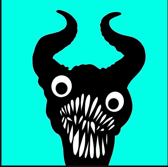 A stylized black silhouette illustration of a horned, grinning monster with large eyes and a mouth full of sharp teeth against a bright cyan background.