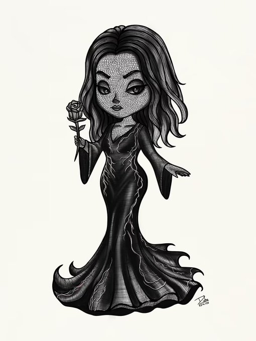 A stylized black and white illustration of a gothic female character with long flowing hair, wearing a textured black gown and holding a dark rose.