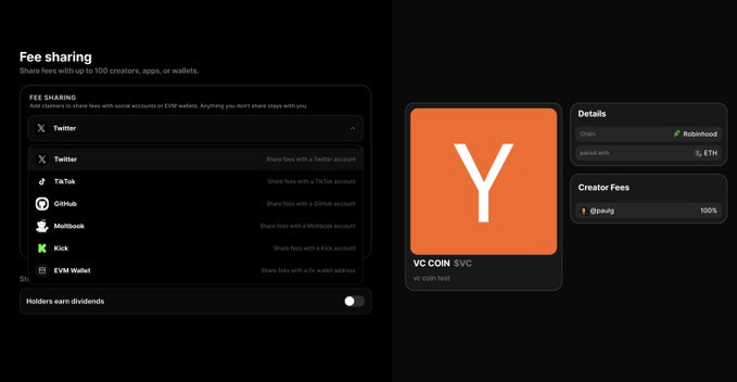 A dark-themed interface shows a "Fee sharing" settings panel where users can select platforms like Twitter, TikTok, GitHub, MattBlock, Kick, or EVM Wallet to share fees with social accounts, alongside a coin profile for "VC COIN $VC" created by "@jonutj" on Robinhood's chain with 100% creator fees, illustrating the new Bags Fee Sharing feature that allows creators to launch tokens and distribute earnings across multiple social platforms.
