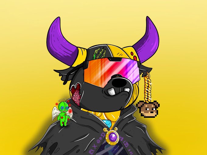 A cartoon illustration of a black dog-like character wearing a yellow cap, purple horns, and orange reflective ski goggles, with a pixelated charm hanging from its collar, set against a yellow background.