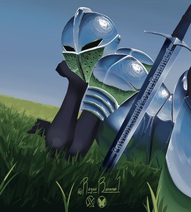 A knight in shiny chrome armor kneels in a grassy field holding a sword inscribed with "patreon.com/RogueBananas," with the artist's signature "@RogueBananas" at the bottom—visually playing on the "touching grass" meme by depicting an armored figure literally kneeling in grass.