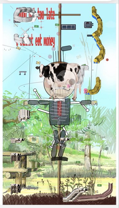 A surreal digital collage featuring a figure with a cow-print head mounted on a vertical pole, surrounded by scattered interface elements, machinery, and text reading 'Only god can judge me now' and 'Don't be sorry, be money' against a landscape background.