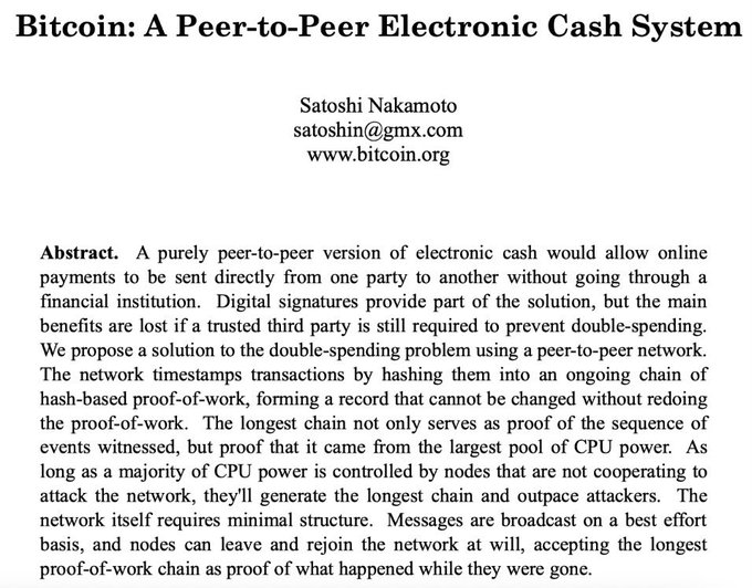 The title and abstract of Satoshi Nakamoto's original 2008 paper, 'Bitcoin: A Peer-to-Peer Electronic Cash System,' is shown, authored from satoshin@gmx.com via www.bitcoin.org.