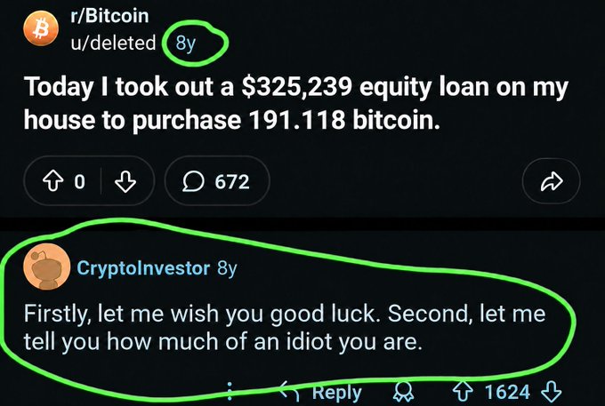A screenshot from r/Bitcoin shows a post from 8 years ago where u/deleted took out a $325,239 equity loan to buy 191.118 bitcoin, with the top comment from CryptoInvestor saying "Firstly, let me wish you good luck. Second, let me tell you how much of an idiot you are." The image humorously illustrates the original poster's skepticism, suggesting their $60,000 SUI purchase today might look similarly foolish—or brilliant—in 8 years, just as taking on massive debt for bitcoin once seemed idiotic but may have paid off enormously.