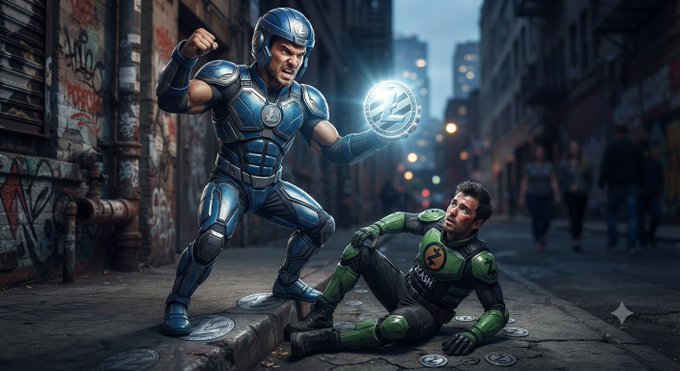 In a gritty alleyway, a man in blue armor triumphantly raises his glowing fist displaying a shiny "L" coin, while a defeated opponent in green armor sits on the ground surrounded by scattered coins, visually representing the post's declaration that "only one Litecoin" reigns supreme as the $LTC warrior symbolically defeats the $ZEC rival.