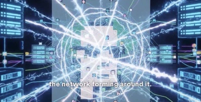 A digital graphic showing a network of white glowing lines connecting various icons and data panels, with the subtitle "the network forming around it."