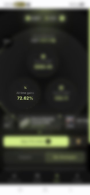 A blurred mobile screen showing financial statistics including 'All time gains 72.62%' highlighted in green.