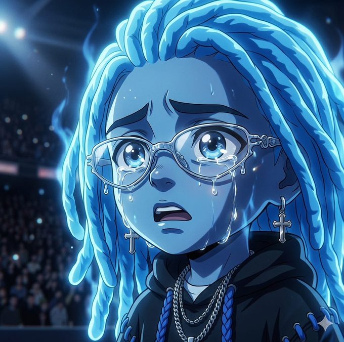 The image features a blue-haired girl with glasses who appears to be crying, possibly due to disappointment or frustration. The caption below the image reads "Sunday morning highlights Algo down today didn't hit my target for the last week ... Didn't do work-out this morning ... Didn't hit the 5 figure win in May i think I'm already cooked atp am i still gonna make it?". This suggests that the girl might be feeling discouraged or upset about her performance, and she is sharing her feelings with others through a digital medium.