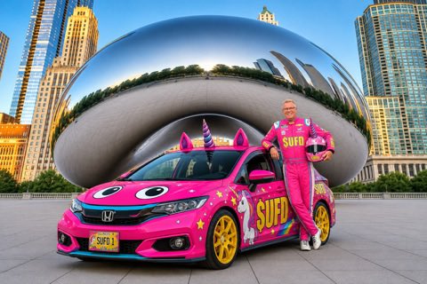 A man in a pink 'SUFD' racing suit stands next to a pink Honda Civic decorated with cat ears, eyes, and a unicorn horn, parked in front of Chicago's Cloud Gate (The Bean).