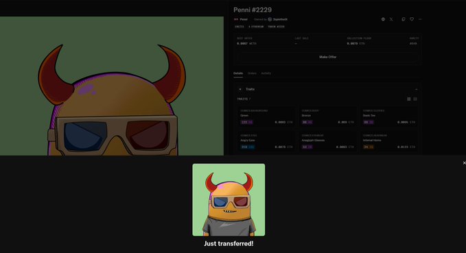 An NFT marketplace screenshot for 'Penni #2229' showing transfer transaction data, with a thumbnail confirming 'Just transferred!' and depicting a 3D cartoon character with red devil horns and sunglasses.