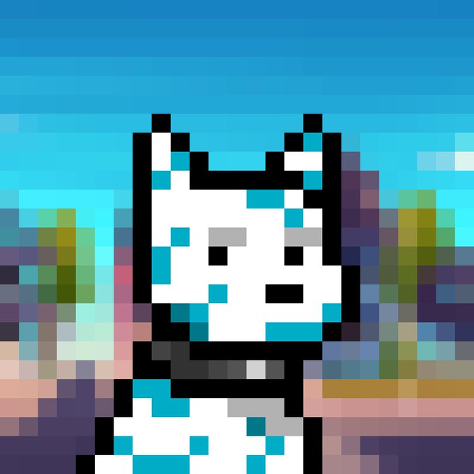 A pixel art image of a white and blue cat-like character with black outlines against a blurred, colorful background.