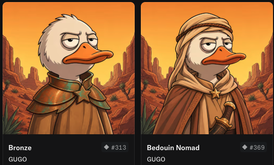 Two NFT character cards from the GUGO collection, showing a duck-like character in 'Bronze' armor (#313) and dressed as a 'Bedouin Nomad' (#369) against desert backdrops.