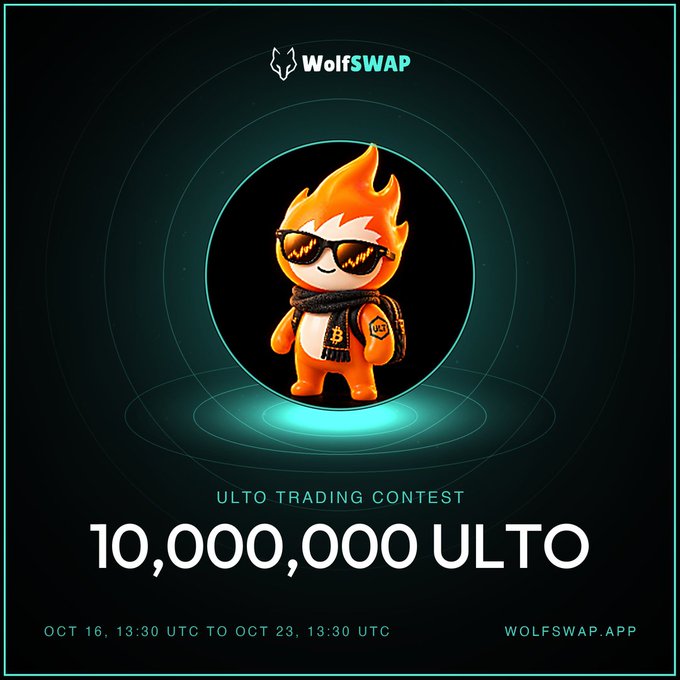 WolfSWAP promotional graphic for an "ULTO TRADING CONTEST" with a prize pool of "10,000,000 ULTO", featuring a flame-headed character with sunglasses and Bitcoin scarf, running from OCT 16 to OCT 23.