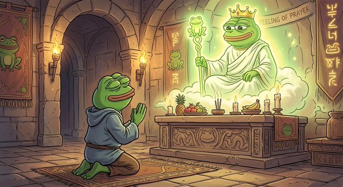 A digital illustration showing a green frog in a blue hoodie praying to a glowing frog deity wearing a crown and robes, seated on a cloud in a stone temple adorned with candles and runes.