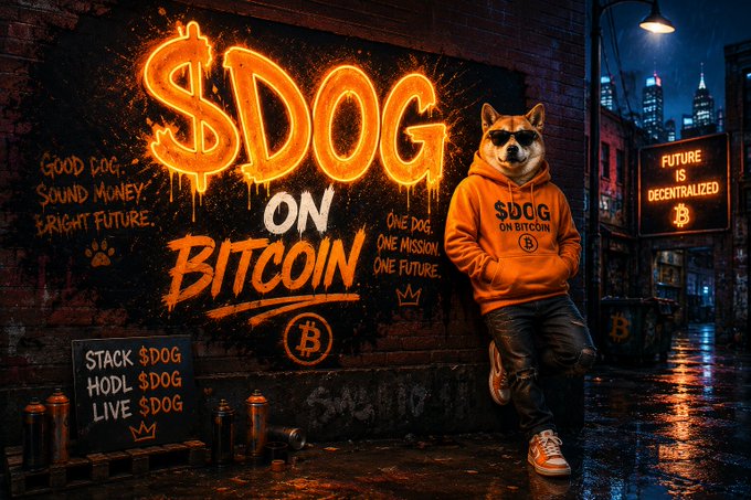 A nighttime street mural displays glowing orange '$DOG ON BITCOIN' graffiti alongside a figure in an orange '$DOG ON BITCOIN' hoodie wearing sunglasses, with slogans like 'GOOD DOG. SOUND MONEY. BRIGHT FUTURE.' and 'FUTURE IS DECENTRALIZED' painted on surrounding walls.