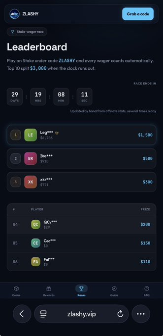 A Stake wager race leaderboard titled "ZLASHY" displays a countdown of 29 days, 19 hours, 8 minutes, and 11 seconds remaining, with a $3,000 top 10 prize pool and rankings showing partial usernames like "Leg***" ($1,500), "Bre***" ($500), and "xkr***" ($300), promoting rakeback and weekly bonuses for users wagering with code Zlashy.