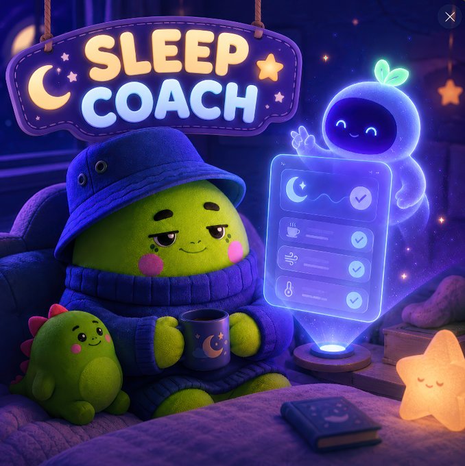 A 'Sleep Coach' app illustration featuring a green plush character in a blue hat and sweater holding a mug, with a smaller green dinosaur beside it and a glowing ghost-like figure beside a holographic checklist.