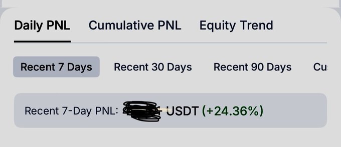 A 'Daily PNL' dashboard showing a 'Recent 7-Day PNL' of '(redacted) USDT (+24.36%)' with the actual number blacked out.