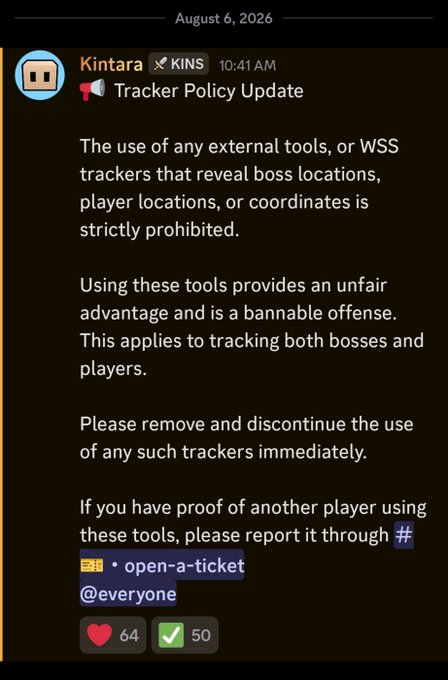 A Discord message from "Kintara" dated August 6, 2026 announces a Tracker Policy Update for the $KINS token community, prohibiting the use of external tools or WSS trackers that reveal boss or player locations, with violations being bannable offenses. The post received 64 reactions and 50 green check marks, while the accompanying caption promotes $KINS as an easy betting opportunity on Solana that most people haven't recognized yet.