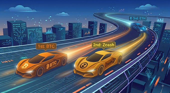 A digital illustration depicts cryptocurrency racing cars on a glowing track in a futuristic city, with BTC in 1st place, Zcash in 2nd, and ETH in 3rd.