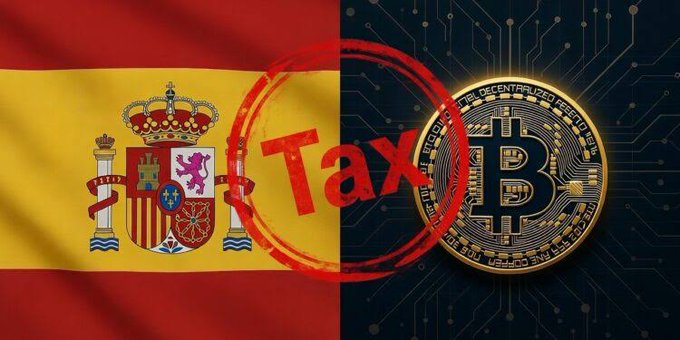 The image shows the Spanish flag alongside a Bitcoin coin, overlaid with a red "TAX" stamp, symbolizing Spain's new cryptocurrency tax reporting requirements under Modelo 721 for foreign-held crypto assets exceeding €50,000.