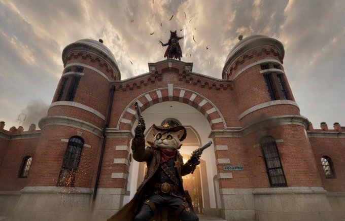 An anthropomorphic cat dressed as a cowboy with two pistols stands in front of a red-brick fort-like building under a dramatic sky.