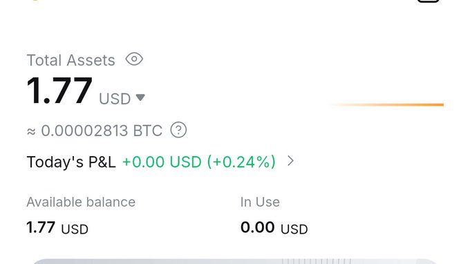 A trading account dashboard shows 'Total Assets' of '1.77 USD' (approximately '0.00002813 BTC') with 'Today's P&L +0.00 USD (+0.24%)'.