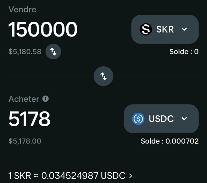 A screenshot of a crypto swap interface showing the sale of 150,000 SKR tokens for 5,178 USDC (~$5,180.58), with the exchange rate of 1 SKR ≈ 0.034524987 USDC displayed at the bottom. This visually confirms the post's claim that a Season 1 airdrop of 125,000 staked SKR has grown to roughly 150k SKR, worth approximately $5,200.