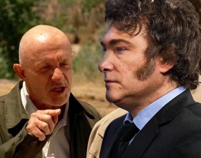 This image depicts a split screen featuring Mike Ehrmantraut from "Breaking Bad" on the left and a man with distinctive sideburns and curly hair on the right, potentially symbolizing the "ego trippers" and "opportunists" the poster references in their Bitcoin journey.