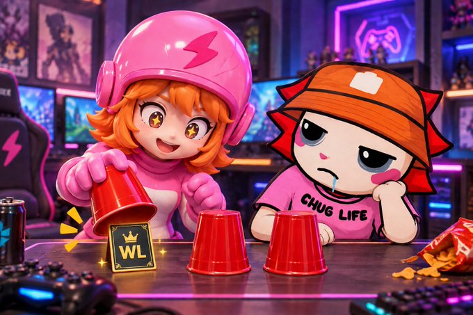 A colorful cartoon gaming scene shows two characters at a table with red cups, including one shirt labeled “CHUG LIFE” and a small “WL” emblem.