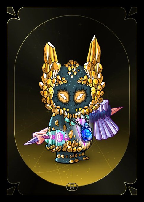 A fantasy-style digital art card featuring a crystal/golem creature adorned with gold ornaments, star-shaped eyes, and holding a gem labeled 'GG' against a dark background.