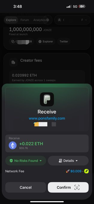 A cryptocurrency transaction screenshot showing a confirmation to receive 0.022 ETH ($56.76) from www.ponsfamily.com on what appears to be a JONZE token page (1,000,000,000 fixed at launch), with a network fee of $0.009 and "No Risks Found" displayed. The accompanying post suggests the user is pleasantly surprised that the earning/receiving platform is still functional, contrary to their assumption it might be oversaturated or no longer working.