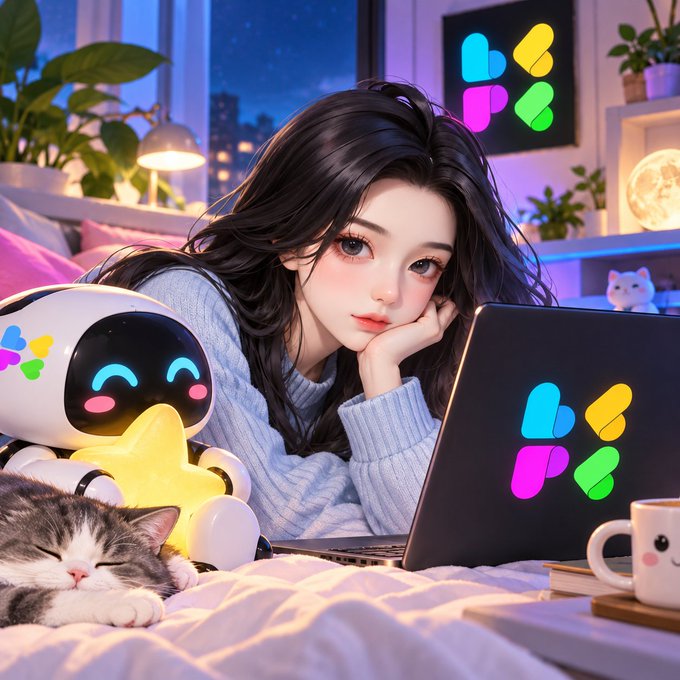 An anime-style illustration of a girl with long dark hair working on a laptop, accompanied by a small robot, a sleeping cat, and a glowing star.