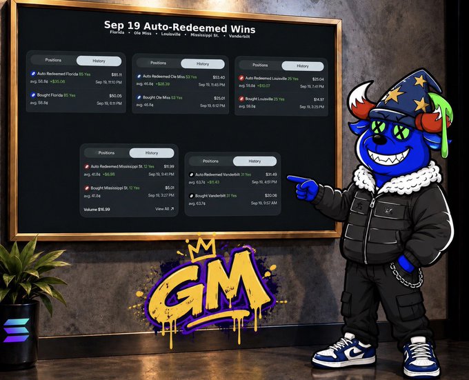 A promotional graphic displaying 'Sep 19 Auto-Redeemed Wins' with betting results for Florida, Ole Miss, Louisville, and Mississippi State, alongside a blue cartoon mascot in a black puffer jacket and an upside-down GM graffiti logo.
