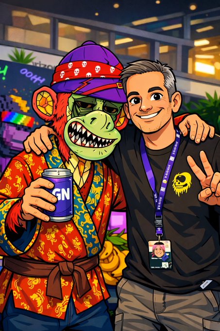 A cartoon illustration of a smiling man wearing a black shirt with a skull logo posing with a green ape-like character wearing a purple hat and red patterned robe, holding a purple 'GN' energy drink can.