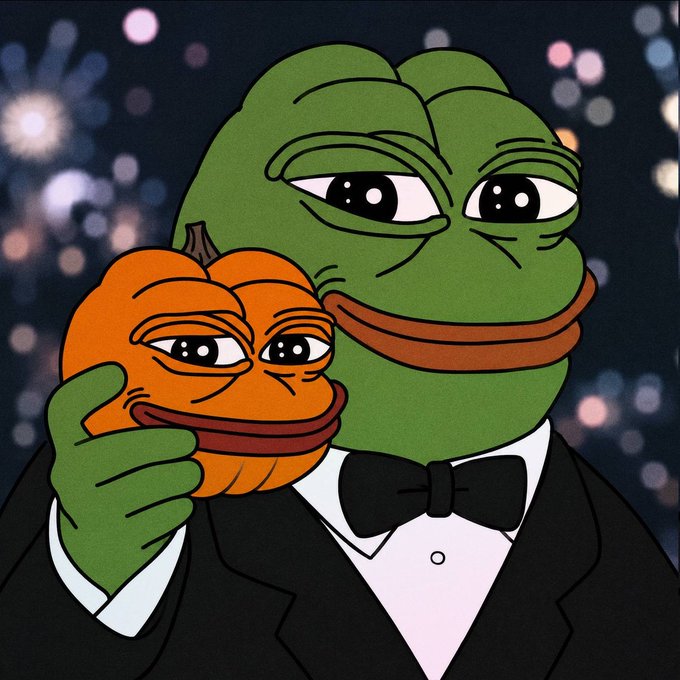 A cartoon illustration of the Pepe the Frog character dressed in a tuxedo and bow tie, holding a smaller orange Pepe pumpkin character.