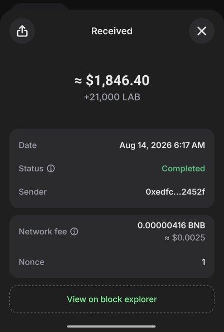 A mobile app screenshot showing a received cryptocurrency transaction of approximately $1,846.40 (+21,000 LAB), completed on Aug 14, 2026 at 6:17 AM, with a network fee of 0.00000416 BNB from sender '0xedfc...2452f'.