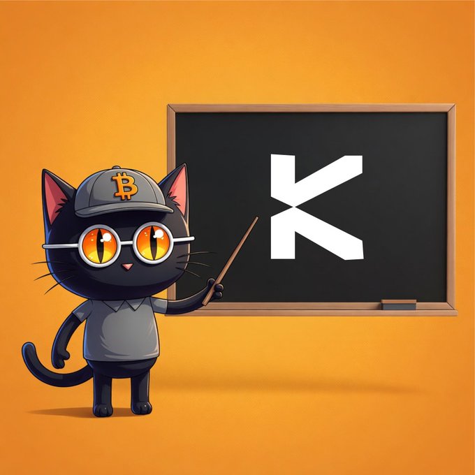 The image features a cartoon cat wearing glasses, standing next to an open blackboard with the letter "K" written on it. The cat appears to be teaching or explaining something related to Bitcoin, as indicated by its position near the Bitcoin symbol. This playful and creative representation of the concept of Bitcoin adds a fun and engaging visual element to the post.